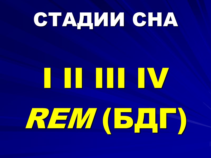 СТАДИИ СНА  I II III IV  REM (БДГ)